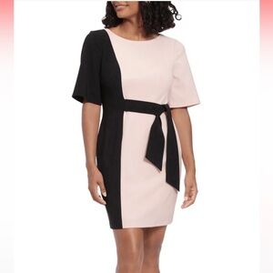 London Times Color block Blush pink black tie sheath dress women size 12